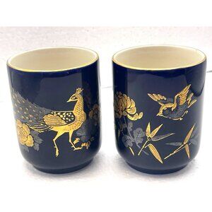 Japanese Tea Cups Gold Peacock Floral Design Navy Blue Porcelain Set Of 2 VTG